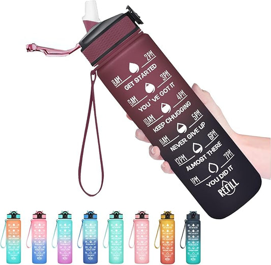 Hyeta 32 oz Water Bottles with Times to Drink and Straw, Motivational Water Bottle with Time Marker, Leakproof, Drinking Sports Water Bottle for Fitness, Gym and Outdoor-FlexoryFit