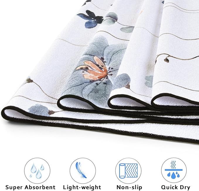 QiyI Floral Yoga Mat Towel with Corner Pockets, Non Slip Sweat Absorbent Hot Yoga Towels, Soft Yoga Blankets with Travel Bag, Mat Cover for Workout, Gym, Fitness - 70"x26", Watercolor Flowers-FlexoryFit