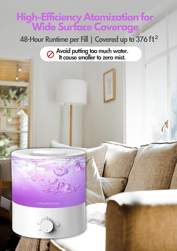 MEGAWISE Sleek 2L Humdifier for Bedroom, Baby,Plant, 24dB Cool Mist Ultrasonic humidifiers, Colorful Night Light, Top-Refill 1 Gal Essential Oil Diffuser, Auto Shut Off