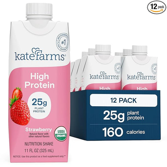 KATE FARMS Organic High Protein Strawberry Nutrition Shake, 25g Protein, 6g Fiber, 27 Vitamins and Minerals, 0g Sugar, Protein Drink, 11 oz (12 Pack)-FlexoryFit