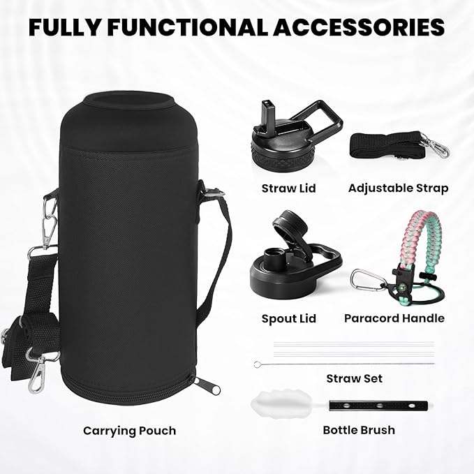 Insulated Water Bottle 87 oz, Triple Wall Vacuum Stainless Steel (Cold for 48 Hrs), Leak Proof & Non-BPA, Modern Water Flask Jug with Paracord Handle & Straw Spout Lids, Hydrangea-FlexoryFit