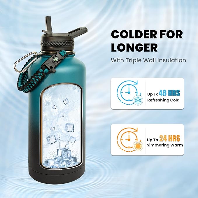 Insulated Water Bottle 87 oz, Triple Wall Vacuum Stainless Steel (Cold for 48 Hrs), Leak Proof & Non-BPA, Modern Water Flask Jug with Paracord Handle & Straw Spout Lids, Indigo/Black-FlexoryFit