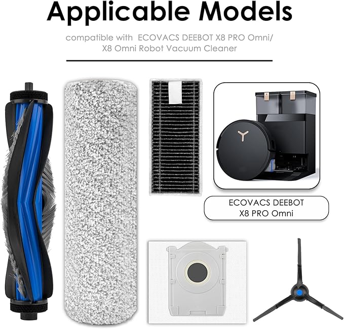 (13 Pack) X8 Pro Omni Replacement Parts Accessories Kit for ECOVACS DEEBOT X8 Pro Omni, X8 Omni Robot Vacuum, 1 Roller Brush, 2 Brush Rolleres, 4 Side Brushes, 3 Dust Bags, 3 HEPA Filters