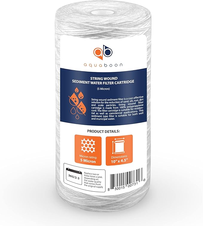 Aquaboon 5 Micron Water Filter 10 x 4.5 inch - String Wound Water Filter for Whole House System - Compatible with 84637, WPX5BB97P, PC10, 355214-45, 355215-45, WP10BB97P, WP5BB97P (2 Pack)