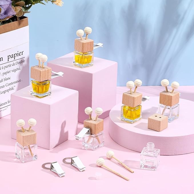30 Pack Car Diffuser Air Freshener Bottle Empty Car Essential Oil Diffuser Auto Glass Perfume Diffuser Bottle with Vent Clip Wooden Caps Stick Fragrance Ornament