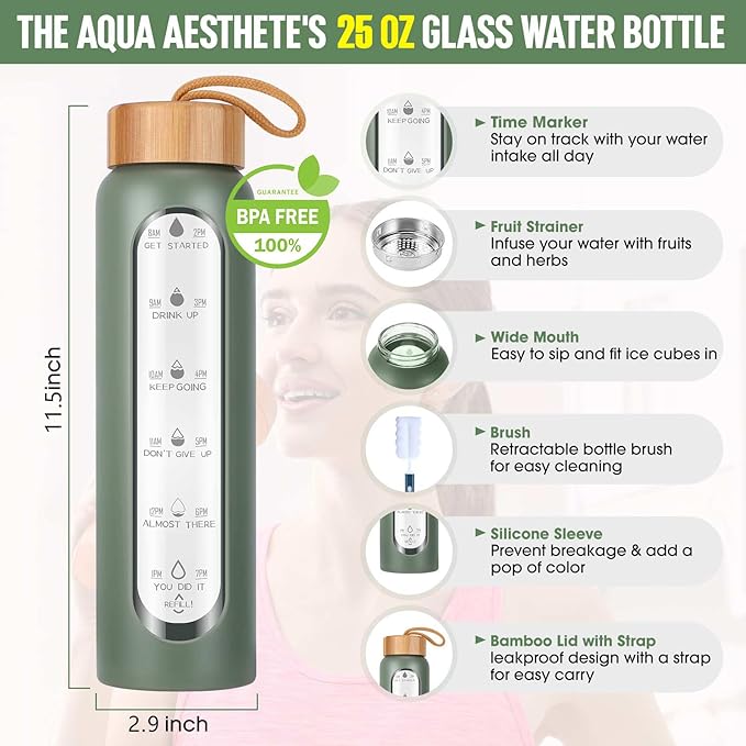 Aqulea Glass Water Bottles 25 Oz with Silicone Sleeve - BPA Free Reusable Wide Mouth Glass Motivational Water Bottles with Fruit Infuser – Leak Proof Borosilicate Water Bottle with Time Marker (Green)