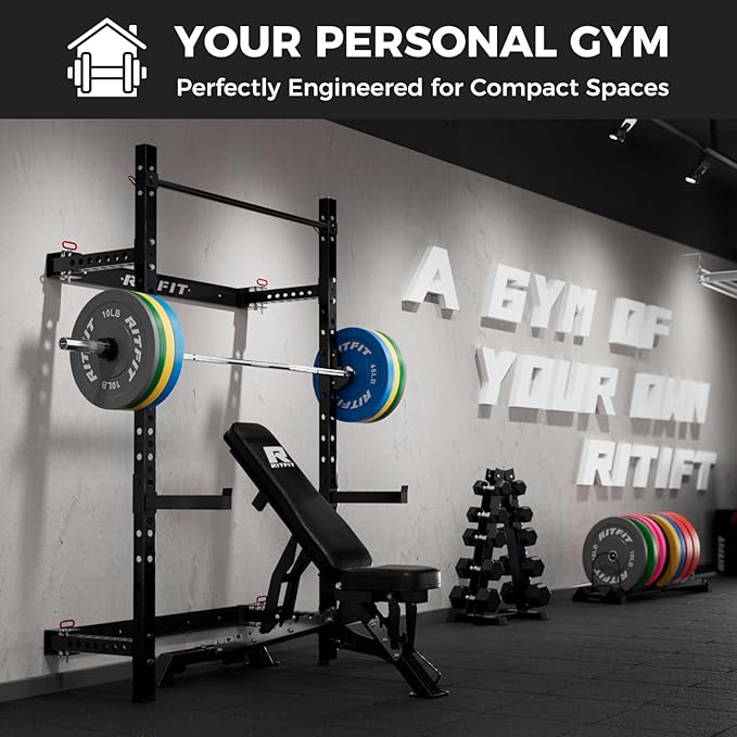 RitFit Multi-Functional Folding Squat Rack for Home Gym, 2.36'' x 2.36'' Wall Mounted Squat Rack with Attachments - Space Saving Squat Power Rack-FlexoryFit