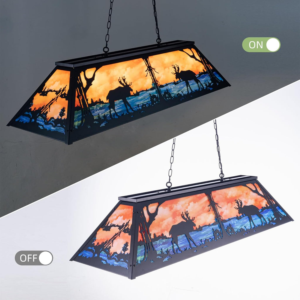 Wellmet Tiffany Pool Table Light 59 inch, 5 Lights Rustic Deer Chandelier for Kitchen Island, Cabin, Billiards Table Lamp, Farmhouse Chandelier for Country, Wild West Style