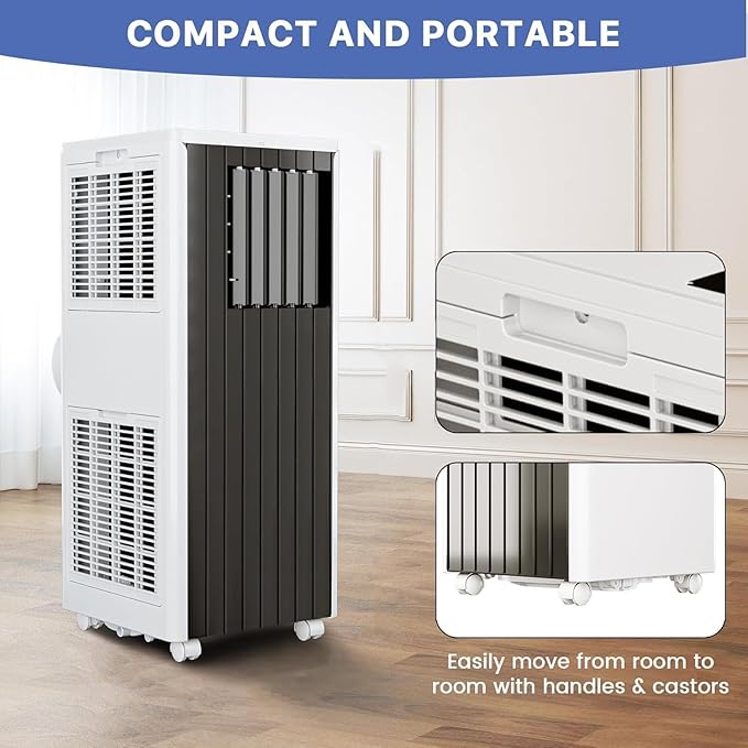 8000 BTU Portable Air Conditioner for Rooms up to 350 Sq. Ft, 3-in-1 Cooling, Dehumidifier & Fan with Quiet Operation, Efficient Cooling, Sleep Mode, 24-Hour Timer & Remote Control, Black Top