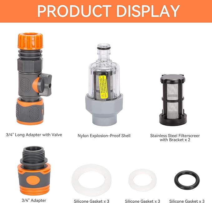 Vertical Garden Hose Filter Kit for High Pressure Washer and Water Spray Gun,Sediment Filter for All 3/4 Inch GHT Thread Garden Hose Quick Connector with Valve