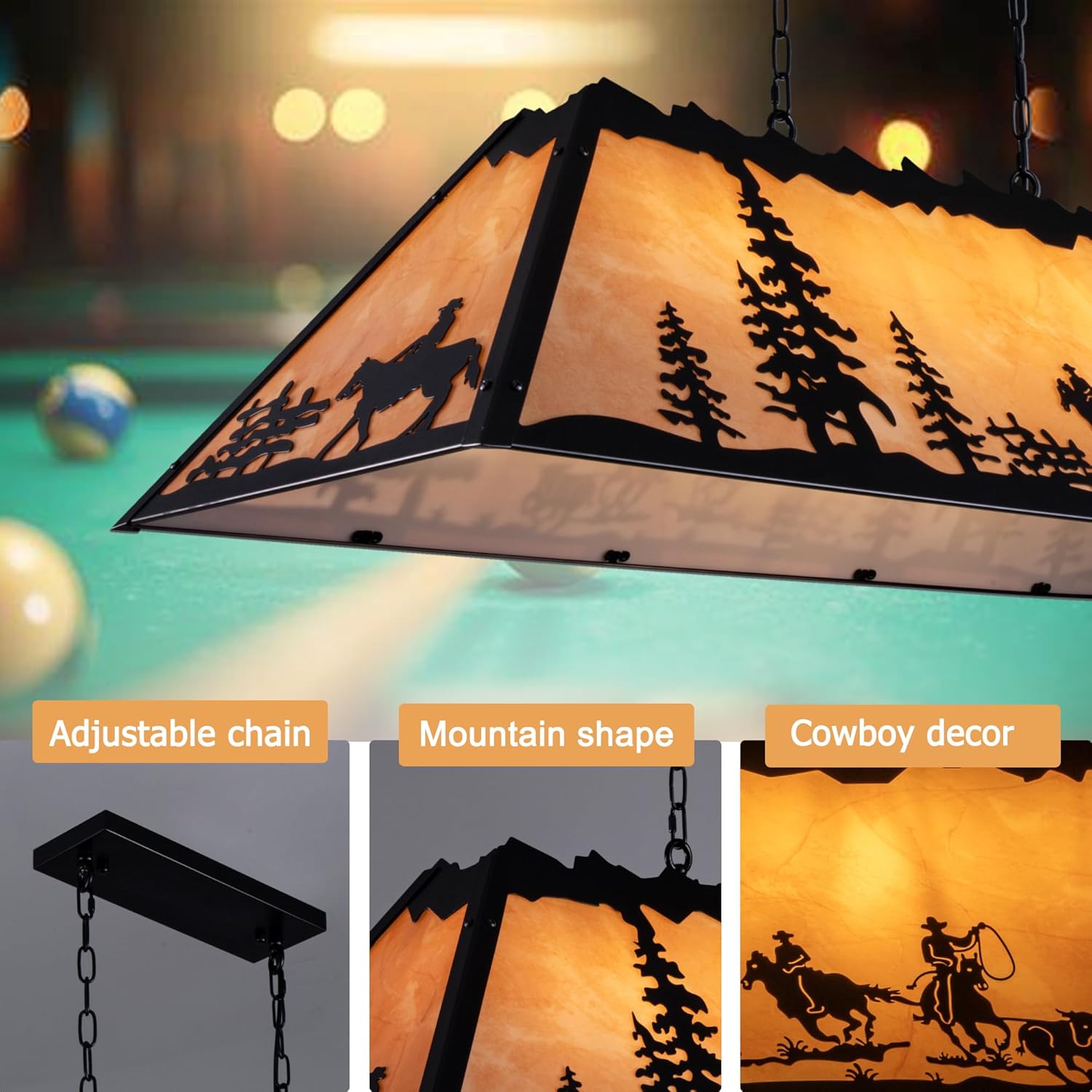 TOCHIC Tiffany Pool Table Light, 4 Lights billiard & pool table lights for 7' 8' Table, Farmhouse Chandelier for Dining Room, Western Cowboy Pool table Light Fixture for Game Room, Kitchen Island, 48”