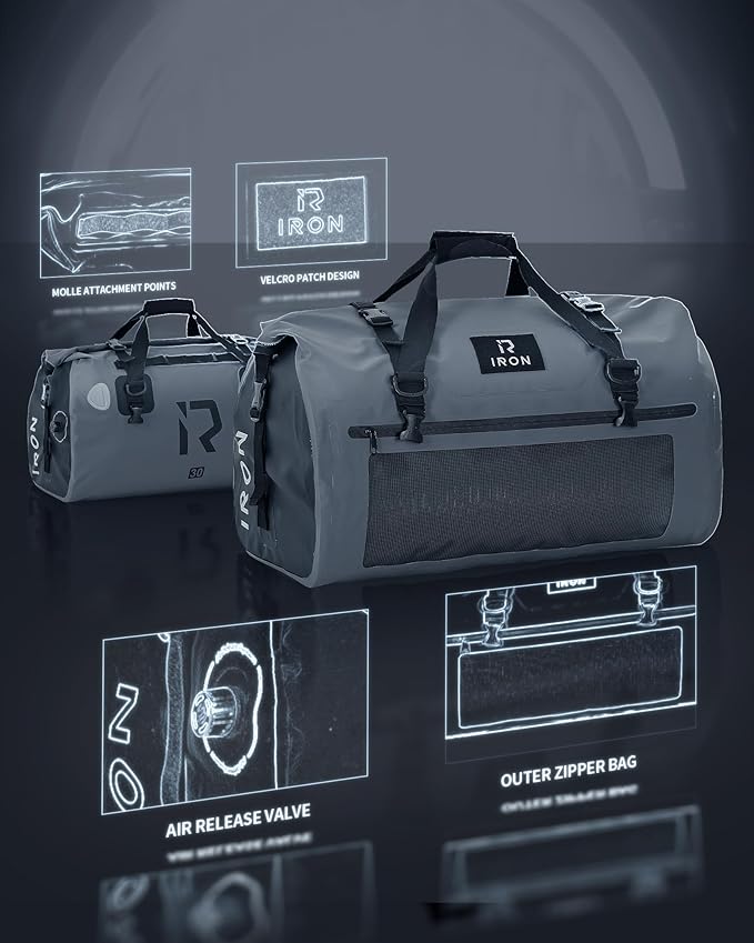 BORLENI Waterproof Motorcycle Dry Duffel Bag Luggage Tail Bag with Large Storage Space,Roll Top Closure, Shoulder Straps, Inner Pocket and Mesh Pocket for Motorcycling Travel Camping (Grey,30L)