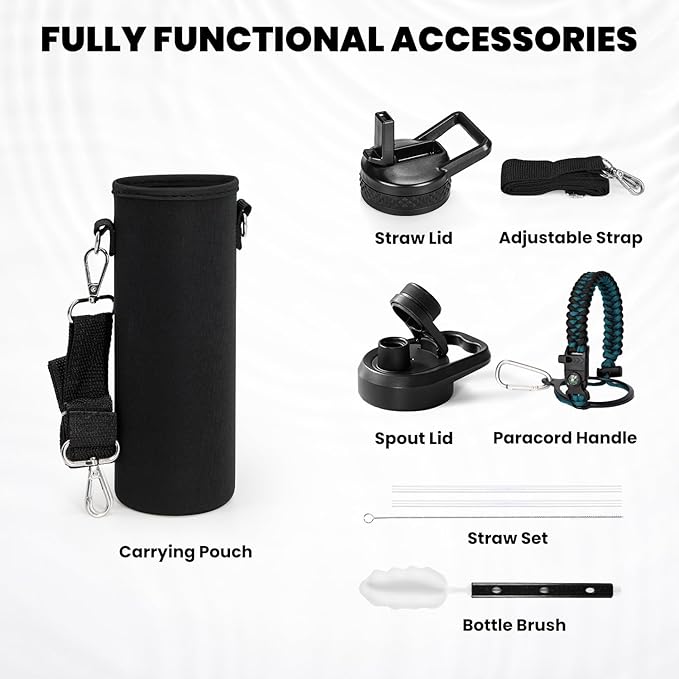 Insulated Water Bottle 24oz, Triple Wall Vacuum Stainless Steel (Cold for 48 Hrs, Hot for 24Hrs), Leak Proof & Non-BPA, 24oz Hydro Water Flask with Paracord Handle & Straw Spout Lids-FlexoryFit