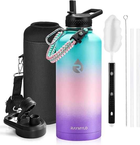 Insulated Water Bottle 87 oz, Triple Wall Vacuum Stainless Steel (Cold for 48 Hrs), Leak Proof & Non-BPA, Modern Water Flask Jug with Paracord Handle & Straw Spout Lids, Hydrangea-FlexoryFit