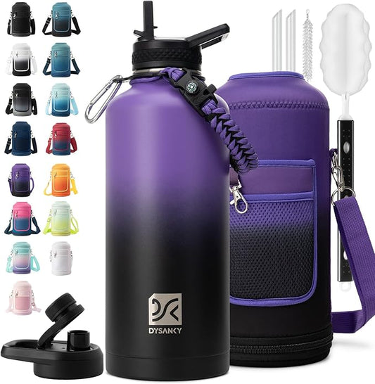 Insulated Water Bottle | Thickened Stainless Steel for Gym and Hiking with Straw, Carrier Bag, Handle Strap | BPA-Free 87 oz-FlexoryFit