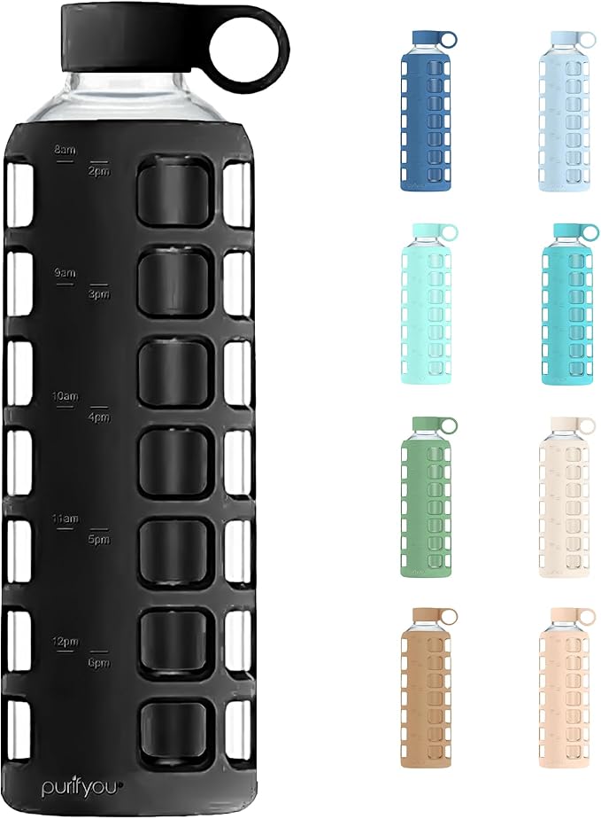 purifyou 40oz / 32oz / 22oz / 12oz Borosilicate Glass Water Bottle with Time & Volume Markers, Silicone Sleeve, Stainless Steel Lid | Reusable Glass Bottle for Water & Juice (40oz Jet Black)