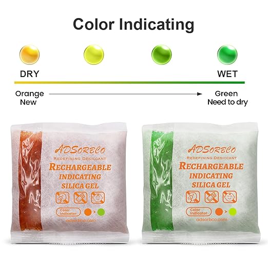 Adsorbco Rechargeable Desiccant, Indicating Silica Gel Packets, Moisture Absorbers for Storage, Gun Safe Dehumidifiers (60, 10g)