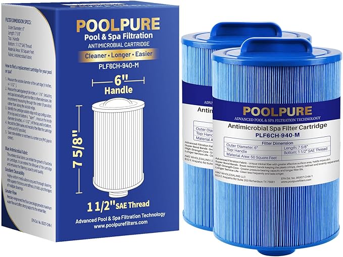POOLPURE 6CH-940RA Spa Filter Replaces Pleatco PWW50P3-M(1 1/2" Coarse Thread), Filbur FC-0359M, 03FIL1400, 45 sq.ft Screw in Filter 2 Pack