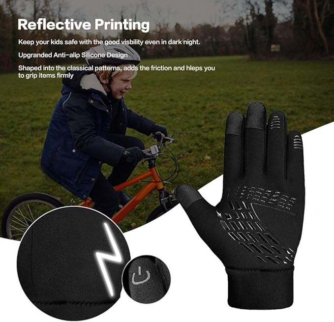 Kids Winter Gloves Back Water Repellent Touchscreen Warm Fleece Anti-slip for Boys Girls Teen 3-15 Years-FlexoryFit