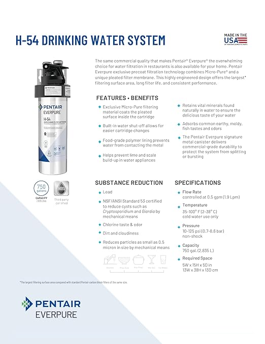 Pentair Everpure H-54 Drinking Water System, EV925267, NSF Certified to Reduce Lead, Includes Filter Head, Filter Cartridge, All Hardware and Connectors, 750 Gallon Capacity, 0.5 Micron