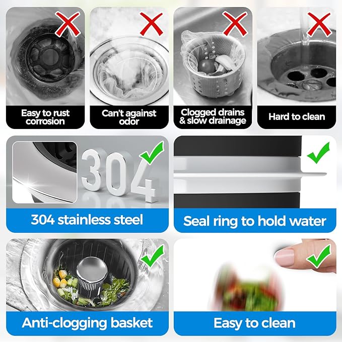 Kitchen Sink Drain Strainer - 2Pack Sink Stopper, Drain Protector, Kitchen Drain Plug & Sink Installation Parts with Anti-Clogging Basket, Fit US Standard 3-1/2'' Sink Drain Hole, Black