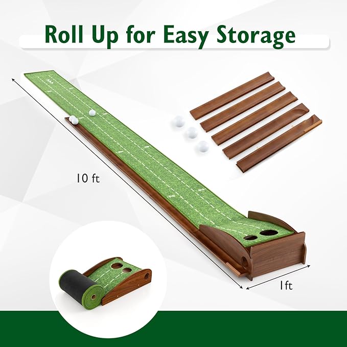 Tangkula 10 FT Golf Putting Green, 2/3-Hole Golf Putting Practice Mat with Auto Ball Return for Indoors & Outdoors, Alignment Guides & 3 Golf Balls, Mini Golf Game for Home and Office