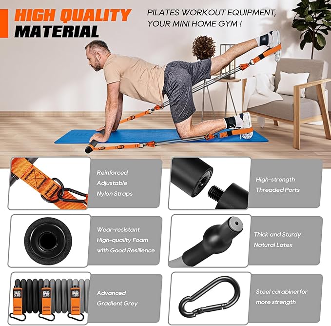 Pilates Bar Kit with Resistance Bands, Heavy Duty Pilates Equipment for Men, Strength Training Bar for Legs, Hip, Back, Arm, Abs, Chest, Shoulders, Portable Home Gym Full Body Workout Equipment-FlexoryFit