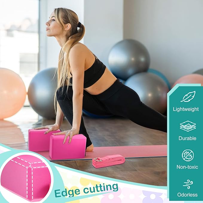 Meooeck 18 Pcs Yoga Block and Strap Set 9 x 6 x 3 Inch EVA Foam Non Slip Brick 8 ft Yoga Straps for Stretching D Ring Design for Back to School Pilates Fitness Workout Exercise-FlexoryFit