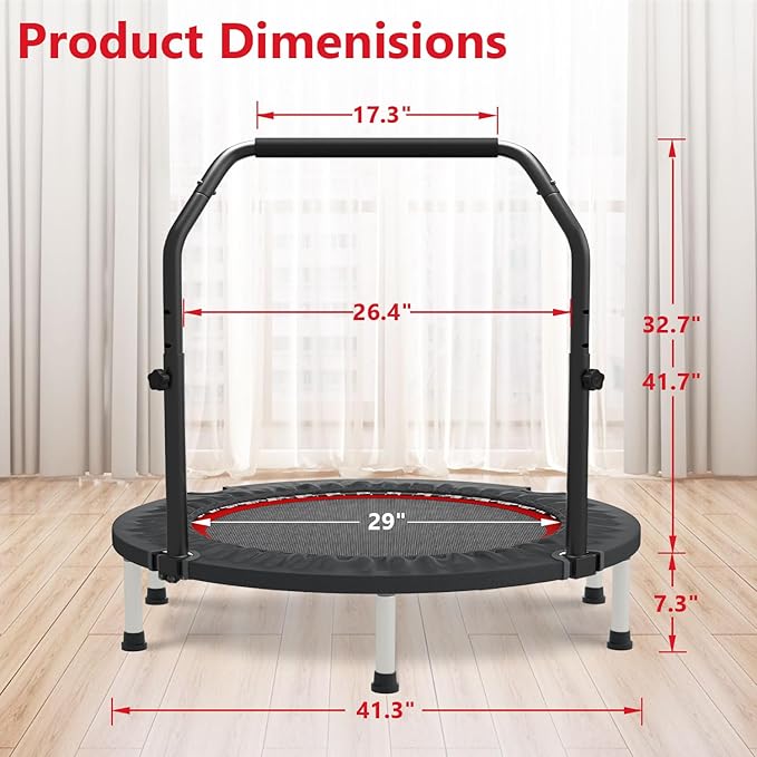 HYD-Parts 40" 48" Mini Trampoline for Adults and Kids Exercise Rebounder with Adjustable Bar Fitness Trampoline Indoor Max Load 330 440lbs-FlexoryFit
