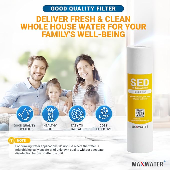 Max Water 10 inch x 2.5 inch, 1 Micron Replacement Sediment Water Filter Cartridge for Whole House, Melt Blown Filtration Fiber for Heavy Duty (Pack of 2)