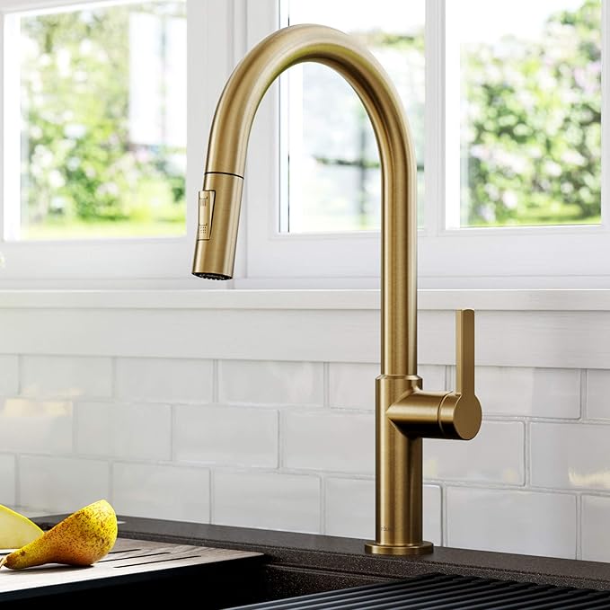 KRAUS Oletto Single Handle Pull Down Kitchen Faucet in Spot-Free Brushed Brass, KPF-2820BB
