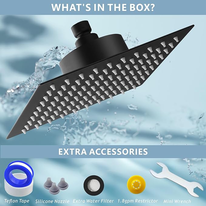 High Pressure Rain Shower Head with Filtered - 8" All Metal Square Showerhead Filter for Remove Chlorine and Harmful Substances, Matte Black