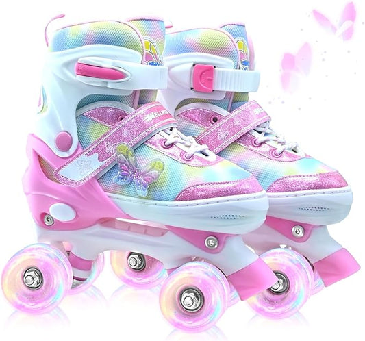 Kids Roller Skates for Girls-Outdoor 4 Size Adjustable Butterfly Quad Rollerskates for Indoor Ages 3-12 Years Beginners Children's Birthday Gift with Light Up Wheels patines para niñas Indoor-FlexoryFit