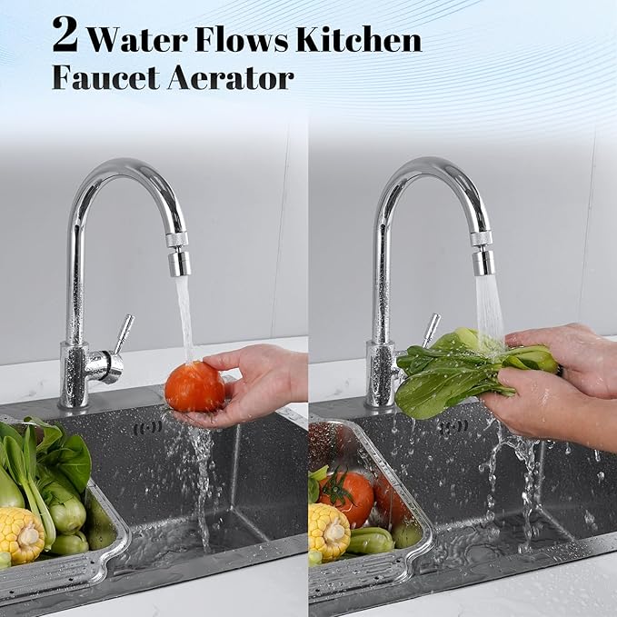 Hibbent Dual-function Solid Brass Faucet Aerator, Big Angle Rotate Metal Kitchen Sink Aerator 360 Degree Swivel Sink Sprayer Attachment-55/64 Inch Female Thread-Chrome