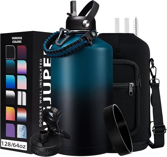 1 Gallon Water Bottle Stainless Steel - 128oz Insulated Flask Water Bottle with Sleeve Strap, Big Water Jug with Straw & Spout Lid, Gym Camping Gallon Water Bottle w/Paracord Handle, protective Boot-FlexoryFit