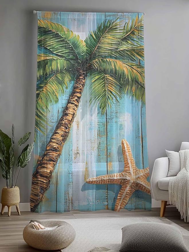 Sheer Curtains 108 Inches Long, Coastal Beach Tree Semi Sheer Curtains Light - Image 2