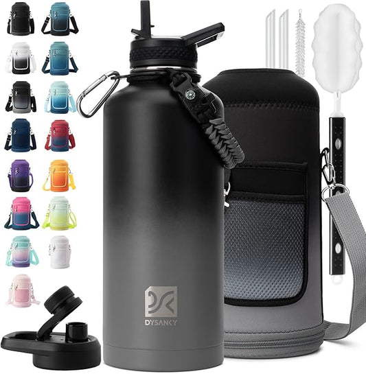 Insulated Water Bottle | Thickened Stainless Steel for Gym and Hiking with Straw, Carrier Bag, Handle Strap | BPA-Free 87 oz-FlexoryFit