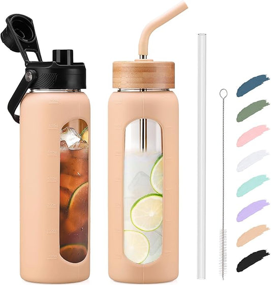 Kodrine Water Bottle with Straw, 24 oz Glass water Bottle with 2 Lids Bamboo Straw Lid and Spout Lid with Handle, 32 oz Clear Water Bottle Glass for Sports Travel, Waterbottle with Time Marker-FlexoryFit