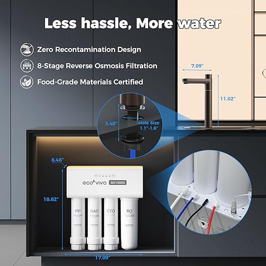 Ecoviva Alkaline Reverse Osmosis RO Water Filter Filtration Under Sink System (Brown Faucet, RO 1000GPD)