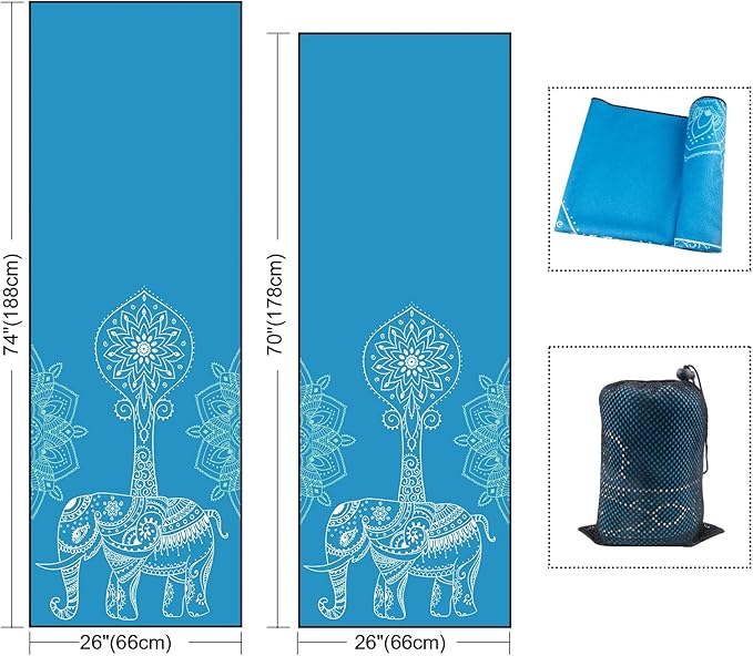 QiyI Yoga Mat Towel with Corner Pockets, Non Slip Sweat Absorbent Hot Yoga Towels, Soft Yoga Blankets with Travel Bag, Skidless Mat Cover for Workout, Gym, Fitness - 70"x26", Blue Mandala Elephant-FlexoryFit