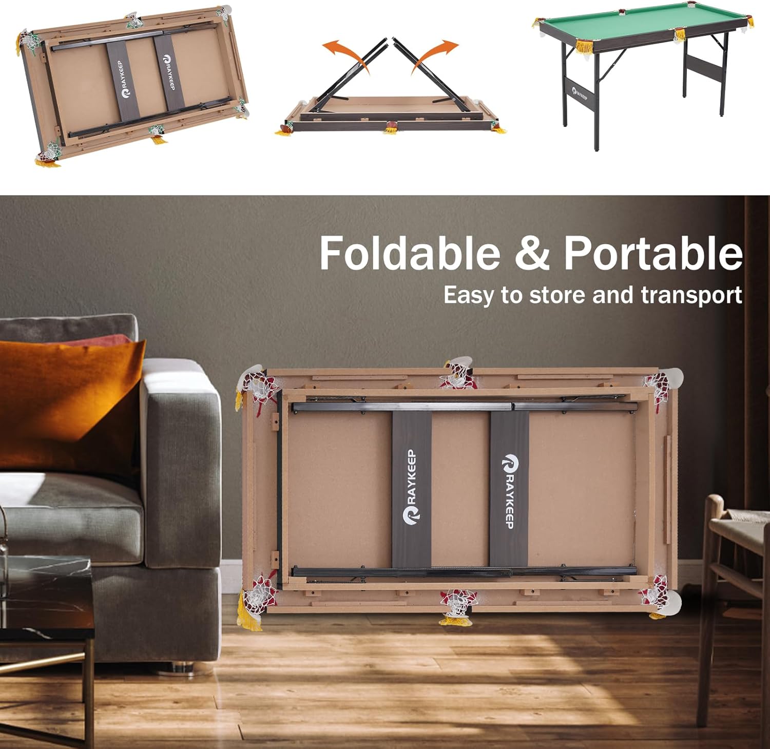 54" Portable Pool Table - Billiard Table for Kids & Adults with 2 Cues, Triangle Rack, Chalk & Brush - Compact Wooden Game Table for Home, Game Room, Indoor & Outdoor