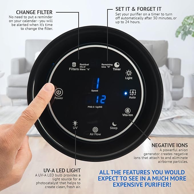 Air Purifier for Home Large Room – Covers Up to 500 Sq Ft, 5-in-1 HEPA Filter System for Allergies, Pets, Smoke, Remove Dust & Odor – Quiet Sleep Mode, High Filtration Efficiency – SILVERONYX, Black