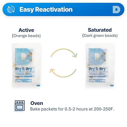 Dry & Dry Premium Orange Indicating Silica Gel Packets Desiccants - Food Safe Silica Gel Packets - Orange - 120 Packets (2 Gram)