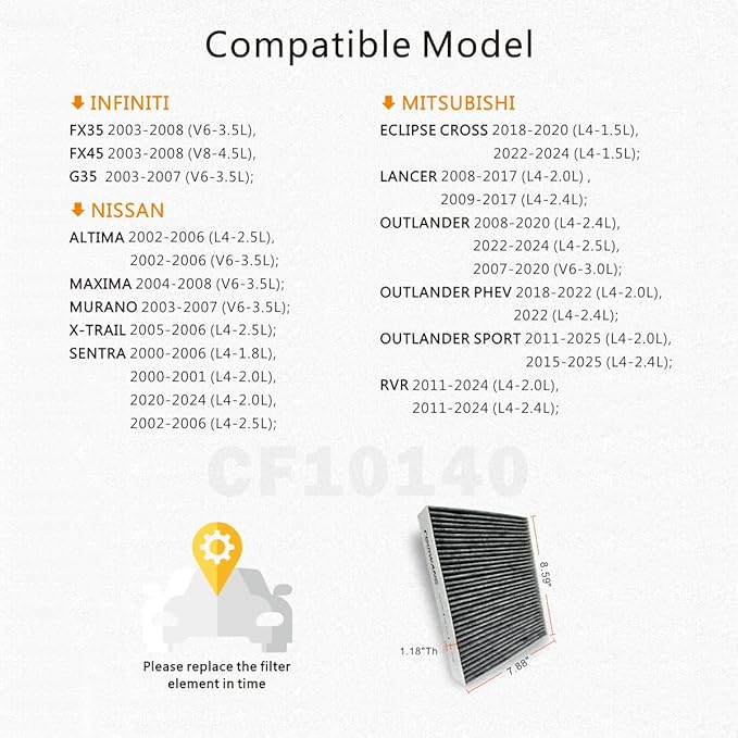 CF10140 Cabin Air Filter with Activated Carbon Compatible with Nissan Altima/Maxima/Murano/Sentra/X-Trail, Infiniti FX35/FX45/G35, Mitsubishi Eclipse/Lancer/Outlander/RVR - 27277-4M400