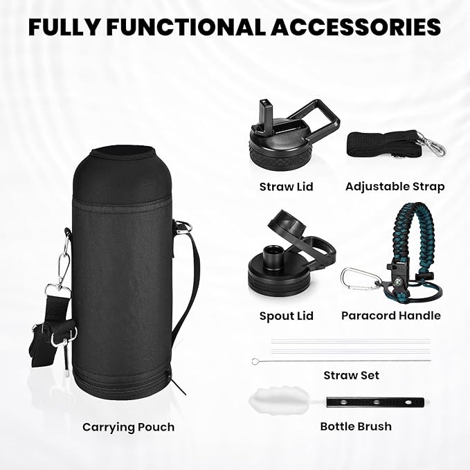 Insulated Water Bottle 40 oz, Triple Wall Vacuum Stainless Steel (Cold for 48 Hrs), Leak Proof & Non-BPA, Modern Water Flask Jug with Paracord Handle & Straw Spout Lids, Indigo/Black-FlexoryFit