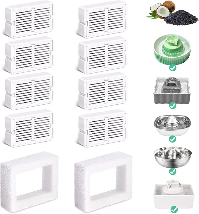 8 Pack Replacement Filters for 360° CupCake Ceramic Pet Fountain, GISOFIK Cat Water Fountain Filter, Triple Filtration Pet Fountain Filter, Ceramic Cat Fountain Filters with 2 Foam Sponges