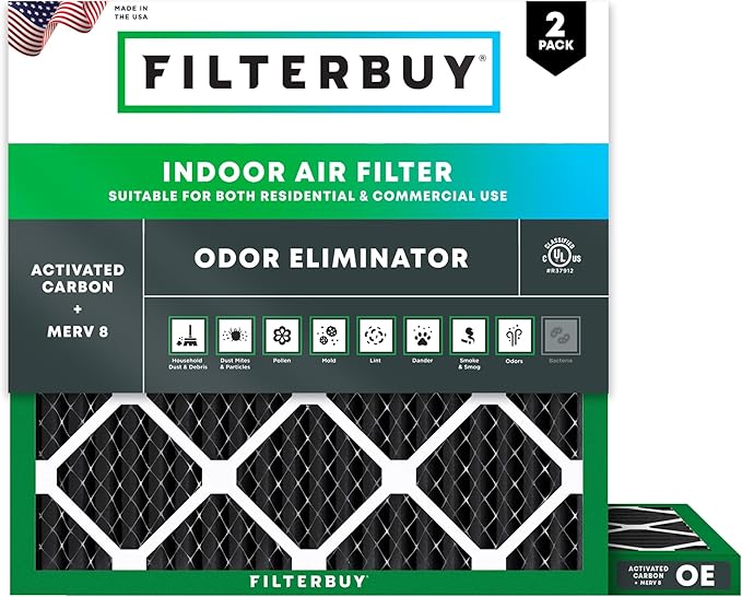 Filterbuy 12x12x1 Air Filter MERV 8 (MPR 700) Odor Eliminator Replacement (2-Pack), Electrostatic Pleated HVAC AC Furnace Filters w/Activated Carbon, Made in USA (Actual Size: 11.75 x 11.75 x 0.75)