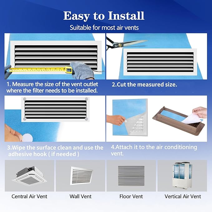 Air Vent Filters, 12"X120" Cut to Size Air Filter Material, MERV 8 Electrostatic Air Filter Roll, Blue & White Vent Filters for Home Floor, Rv Ac Vent, Ceiling, Refrigeration, HVAC Furnace Vent, Etc