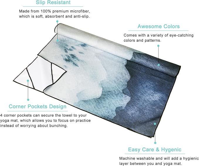QiyI Yoga Mat Towel with Corner Pockets, Non Slip Sweat Absorbent Hot Yoga Towels, Soft Yoga Blankets with Travel Bag, Skidless Mat Cover for Workout, Gym, Fitness - 70"x26", Watercolor Mountain-FlexoryFit