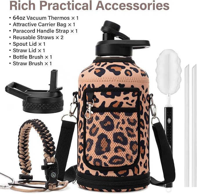 Insulated Water Bottle | Thickened Stainless Steel Vacuum Metal | Portable Sports Half Gallon Large Water Jug for Gym and Hiking with Straw, Carrier Bag, Handle Strap | BPA-Free 64 oz-FlexoryFit